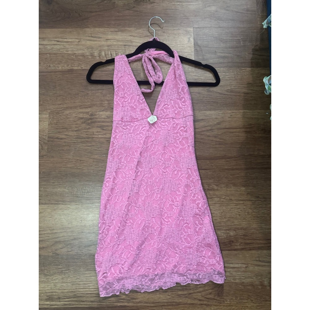 Pink Floral Lace Halter Mini Dress with Rosette Detail Y2K Style Coquette